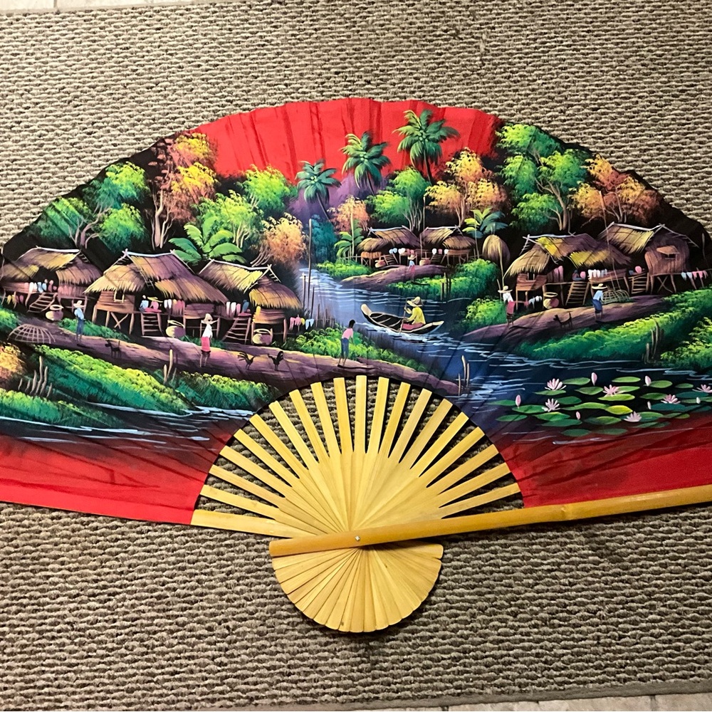Thai hand painted fabric wall folding fan 36”x52”